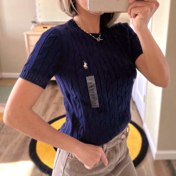 Polo Ralph Lauren Women's Cable Knit Short Sleeve Sweater - Navy